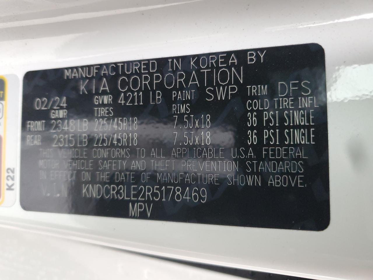 2024 KIA NIRO EX VIN:KNDCR3LE2R5178469
