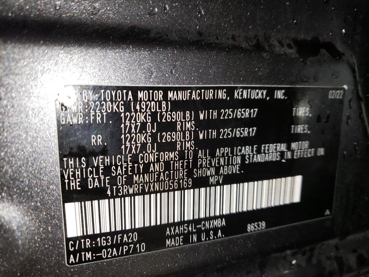 2022 TOYOTA RAV4 XLE VIN:4T3RWRFVXNU056169