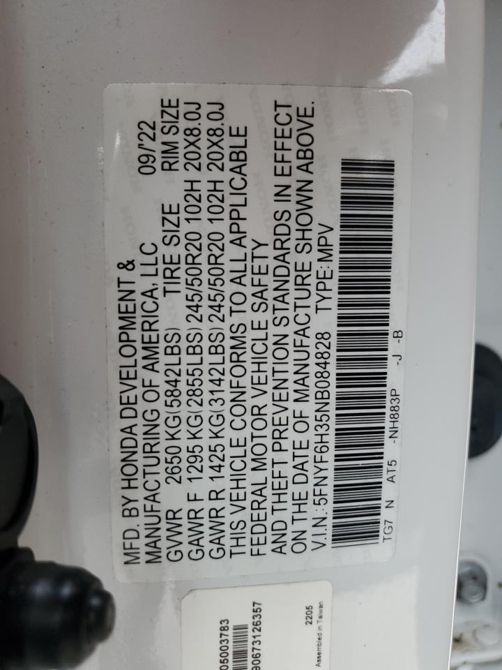 2022 HONDA PILOT SPORT VIN:5FNYF6H35NB084828