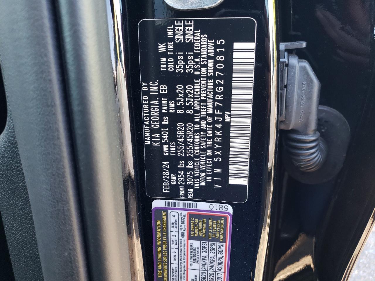 2024 KIA SORENTO SX VIN:5XYRK4JF7RG270815