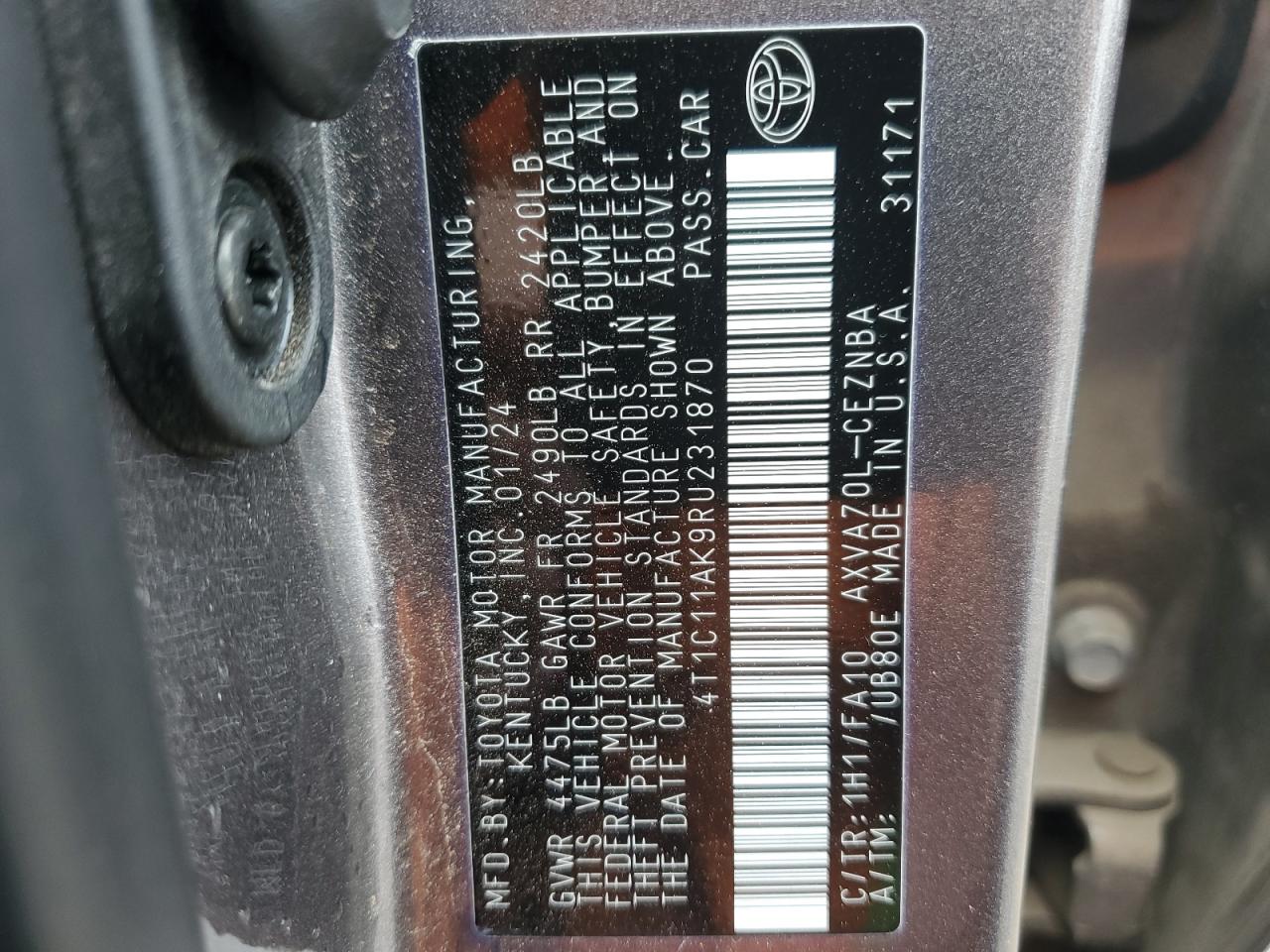 2024 TOYOTA CAMRY LE VIN:4T1C11AK9RU231870