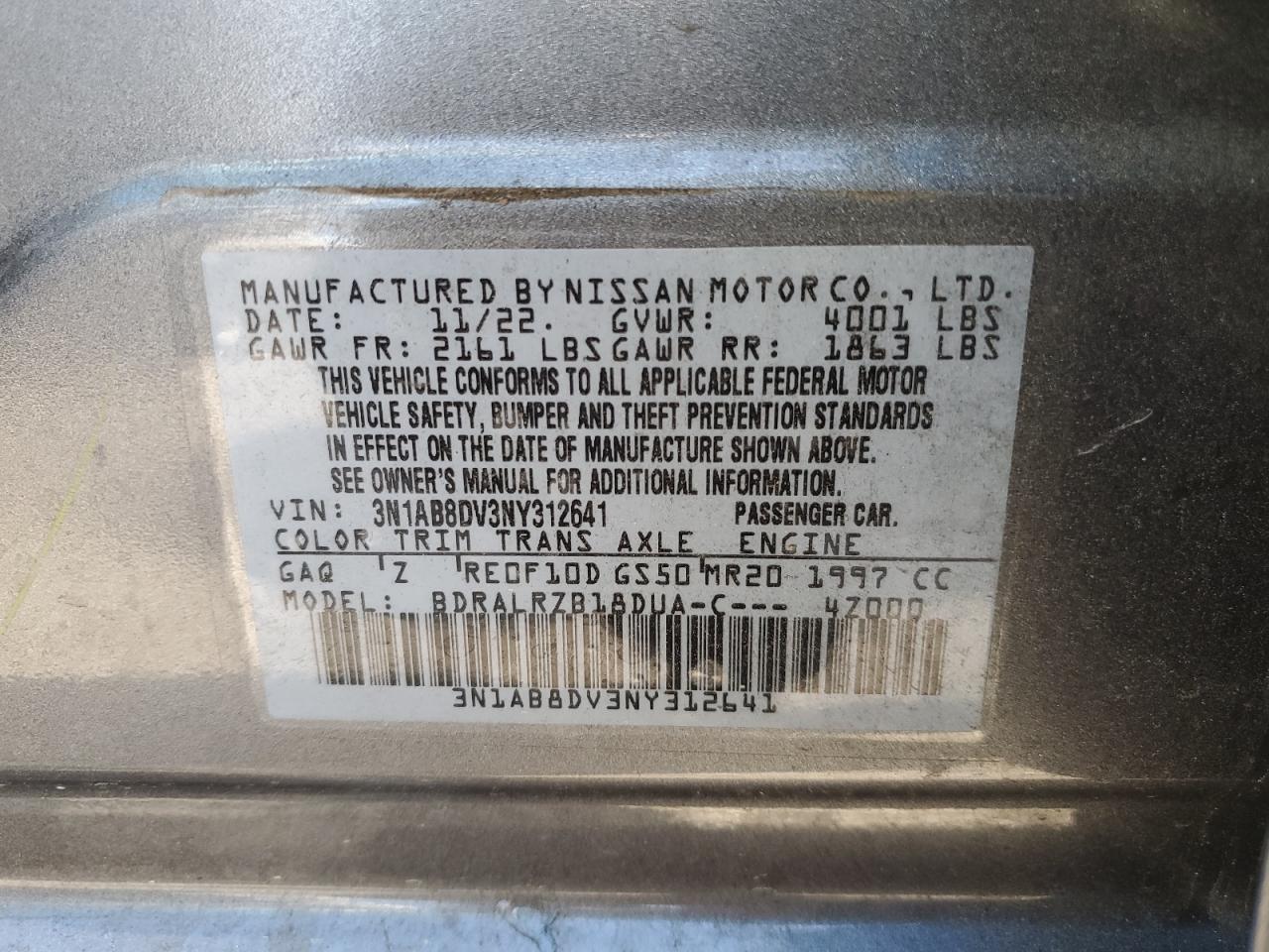 2022 NISSAN SENTRA SR VIN:3N1AB8DV3NY312641