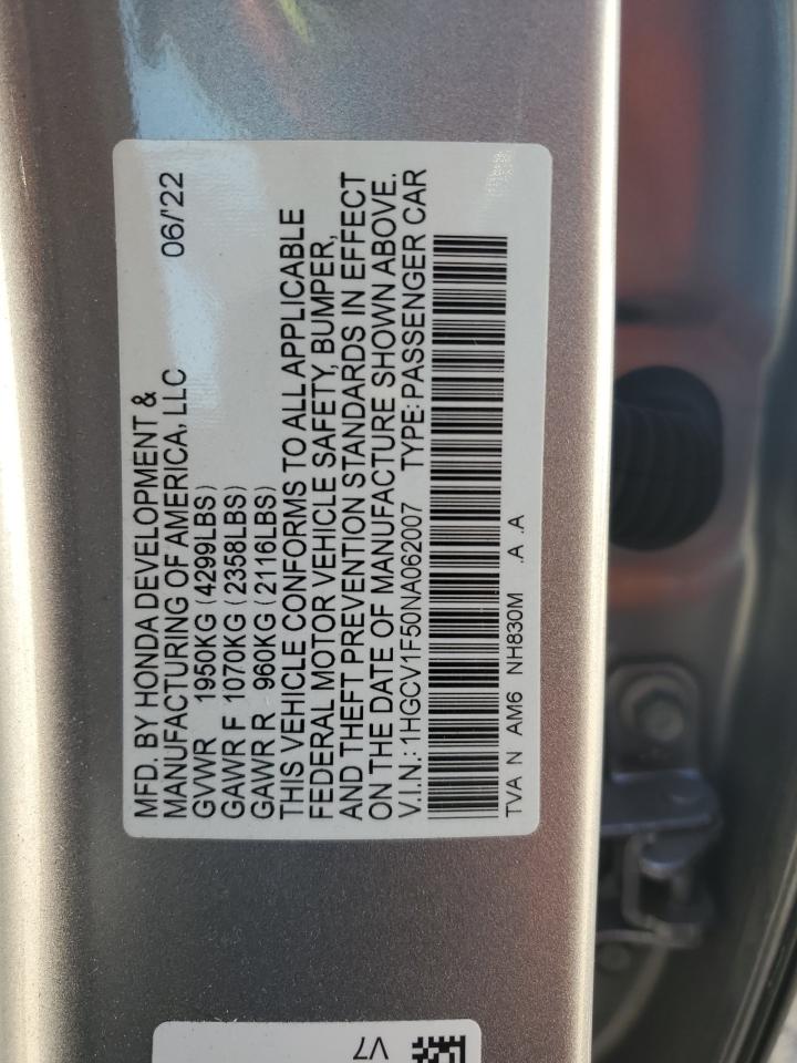 2022 HONDA ACCORD EXL VIN:1HGCV1F50NA062007