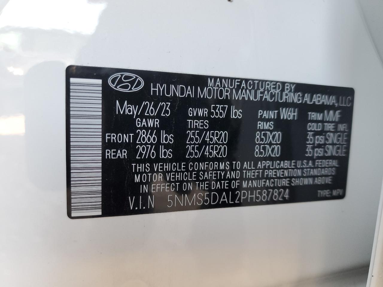 2023 HYUNDAI SANTA FE CALLIGRAPHY VIN:5NMS5DAL2PH587824