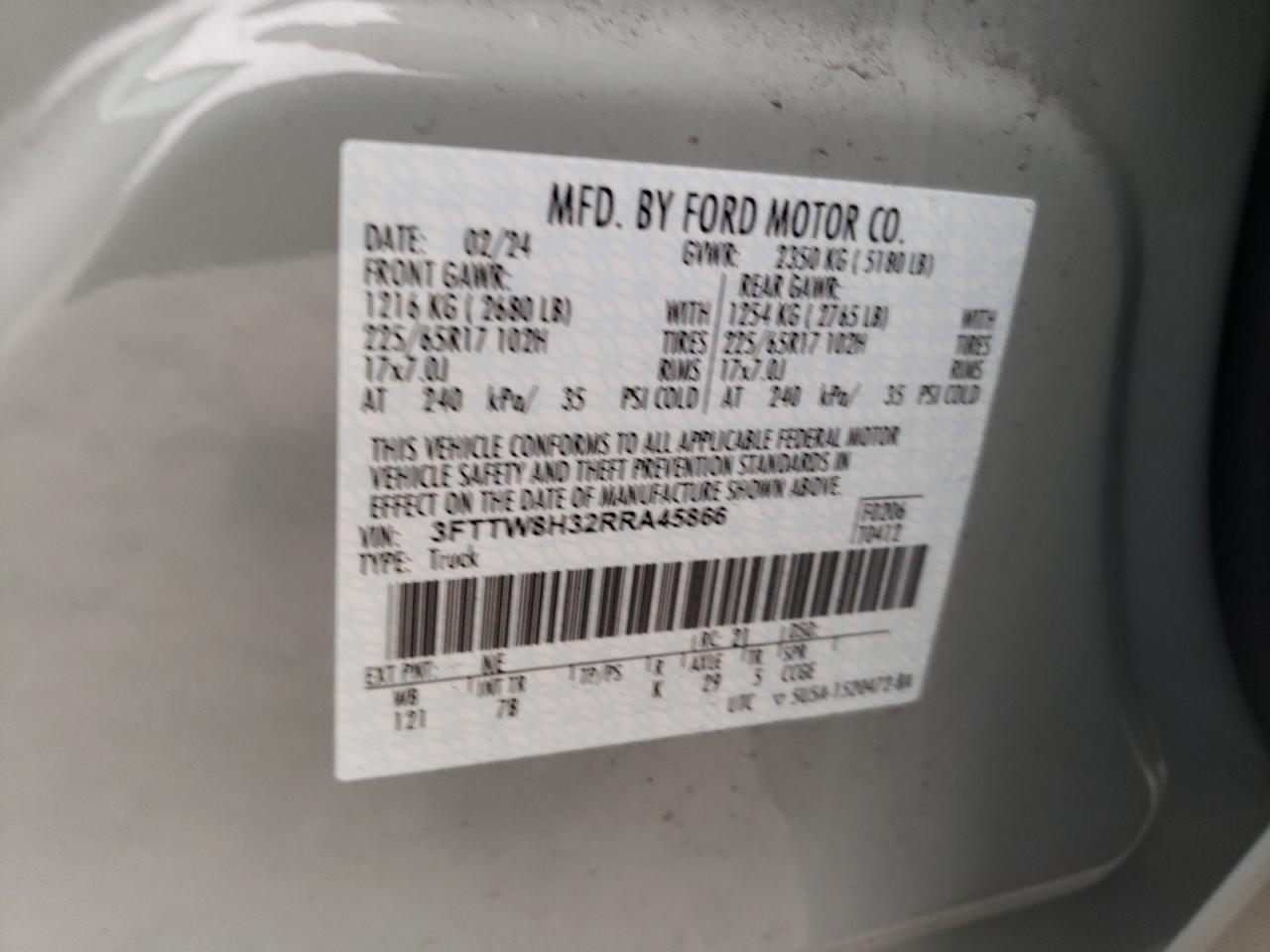 2024 FORD MAVERICK XLT VIN:3FTTW8H32RRA45866