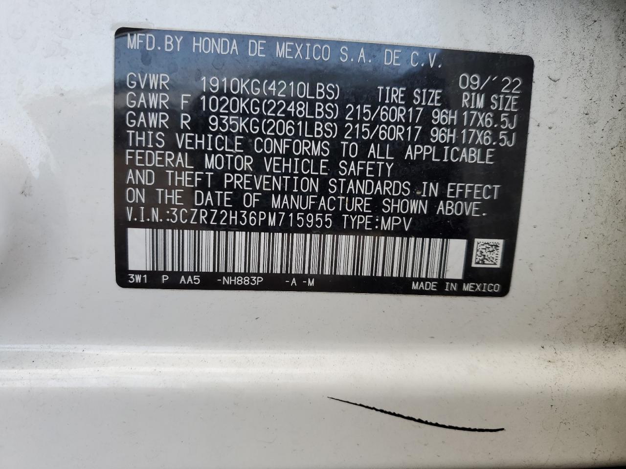 2023 HONDA HR-V LX VIN:3CZRZ2H36PM715955