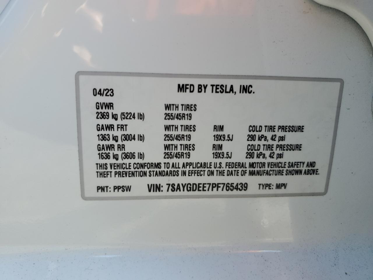 2023 TESLA MODEL Y  VIN:7SAYGDEE7PF765439