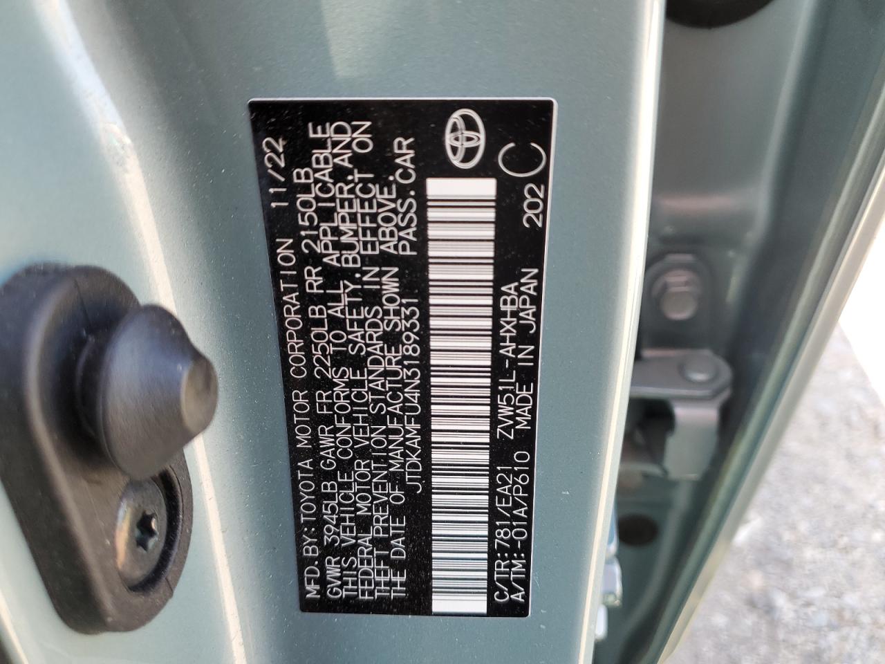 2022 TOYOTA PRIUS NIGHT SHADE VIN:JTDKAMFU4N3189331