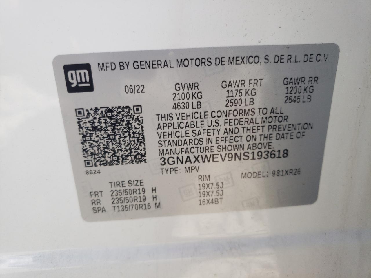 2022 CHEVROLET EQUINOX RS VIN:3GNAXWEV9NS193618