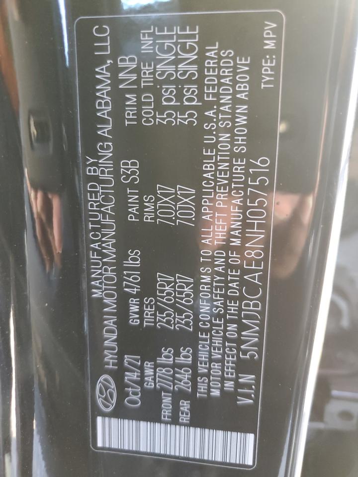 2022 HYUNDAI TUCSON SEL VIN:5NMJBCAE8NH057516
