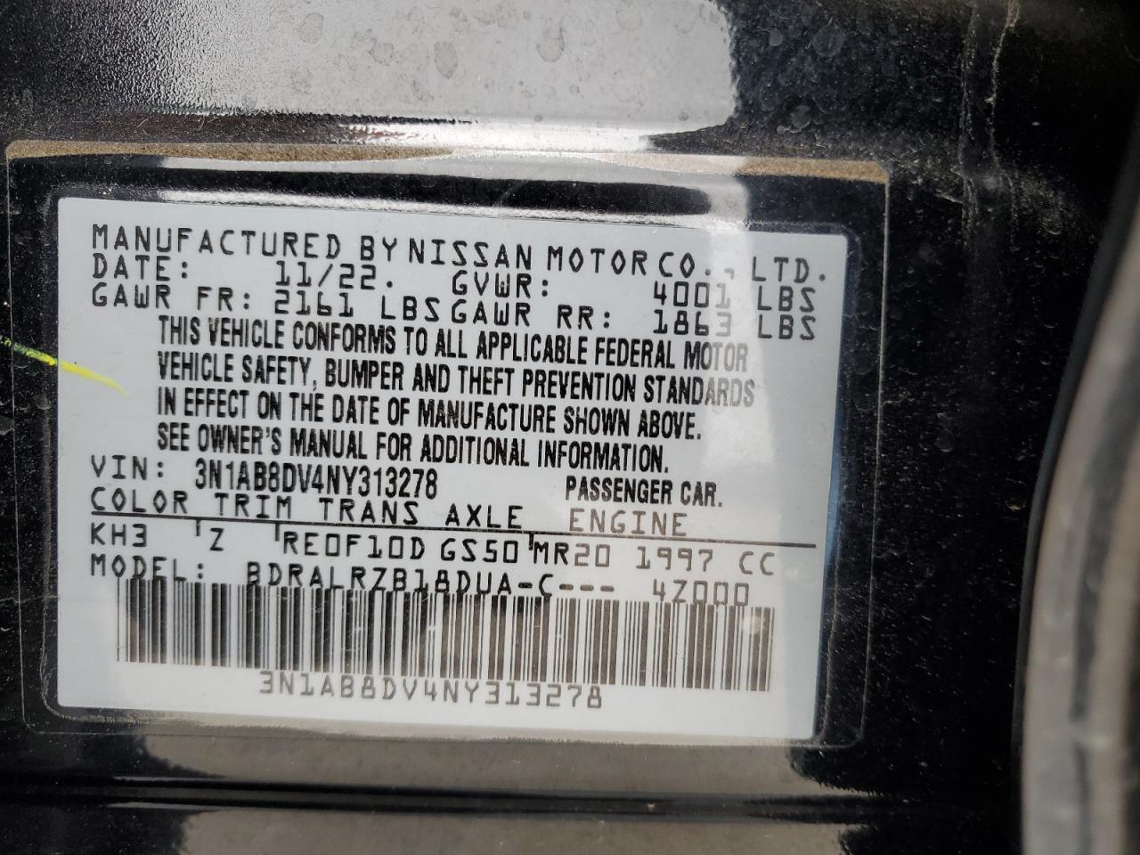 2022 NISSAN SENTRA SR VIN:3N1AB8DV4NY313278