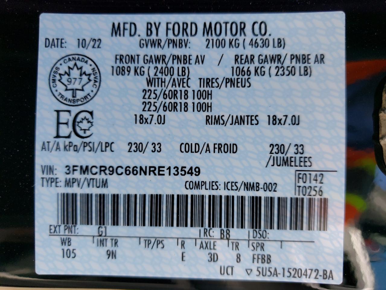2022 FORD BRONCO SPORT OUTER BANKS VIN:3FMCR9C66NRE13549