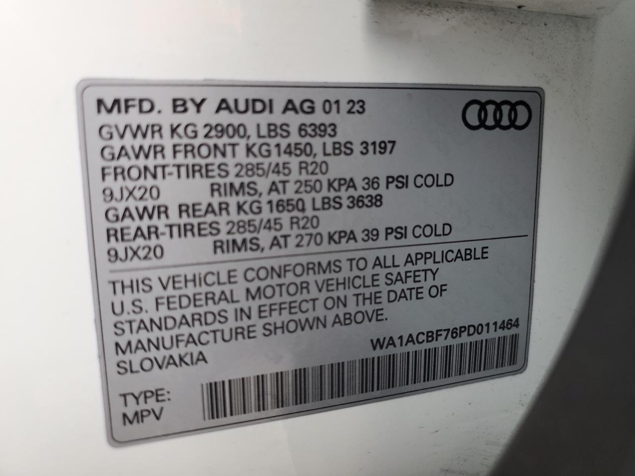 2023 AUDI Q7 PREMIUM VIN:WA1ACBF76PD011464