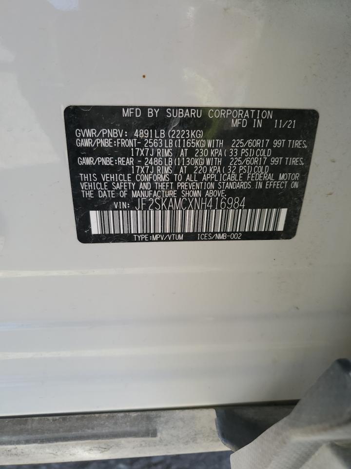 2022 SUBARU FORESTER WILDERNESS VIN:JF2SKAMCXNH416984