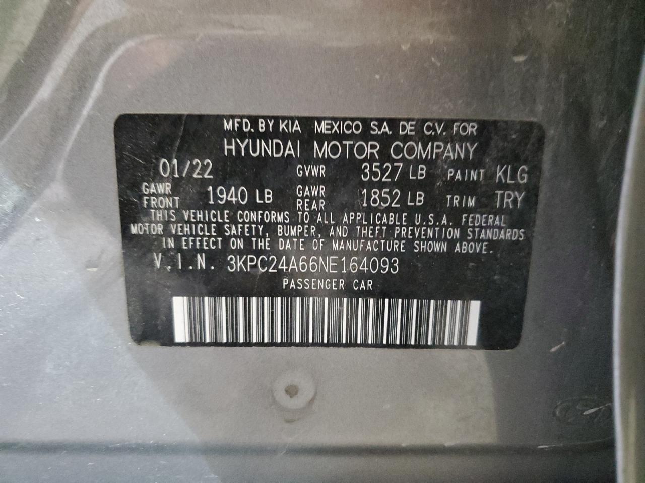 2022 HYUNDAI ACCENT SE VIN:3KPC24A66NE164093