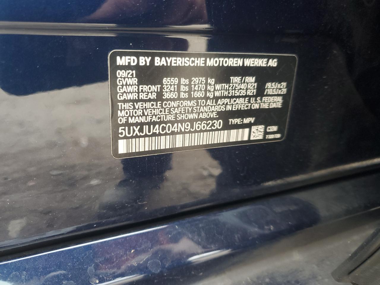 2022 BMW X5 M50I VIN:5UXJU4C04N9J66230