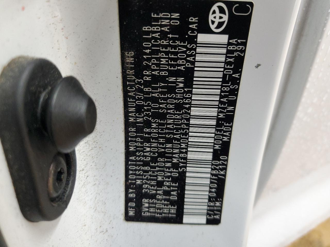 2023 TOYOTA COROLLA LE VIN:5YFB4MDE5PP024661