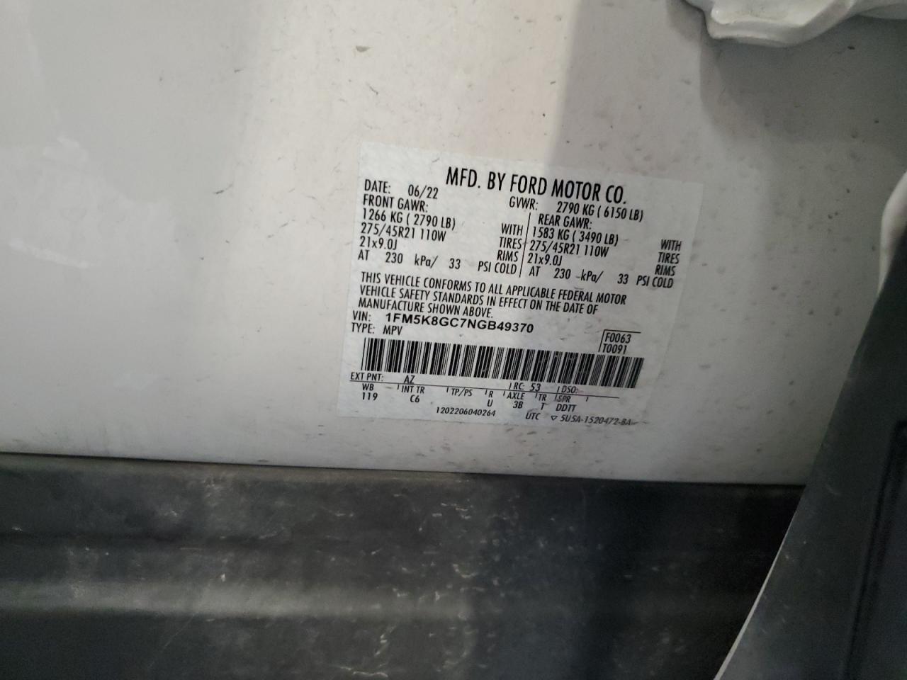 2022 FORD EXPLORER ST VIN:1FM5K8GC7NGB49370