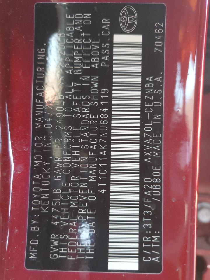 2022 TOYOTA CAMRY LE VIN:4T1C11AK7NU684119