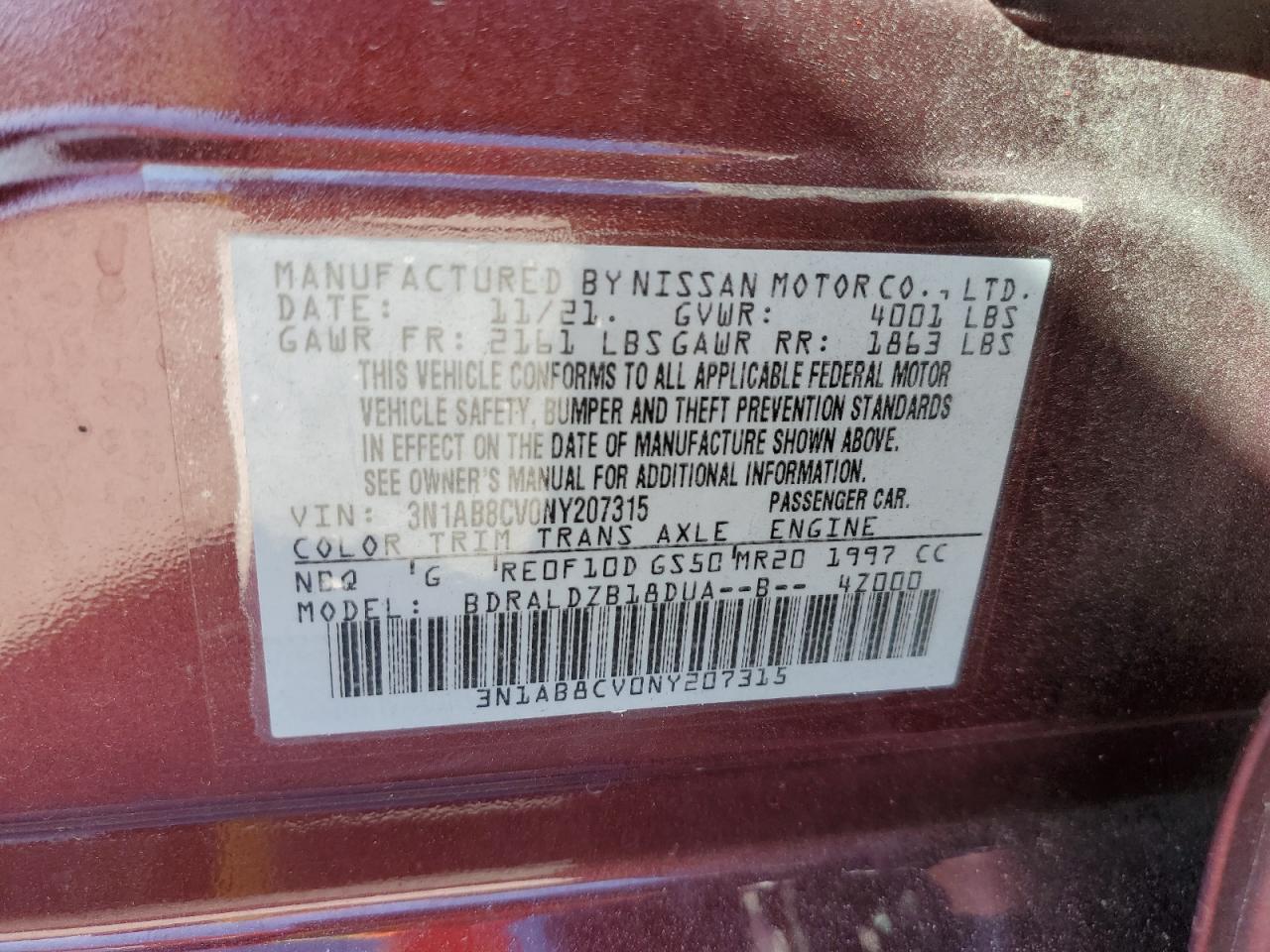 2022 NISSAN SENTRA SV VIN:3N1AB8CV0NY207315