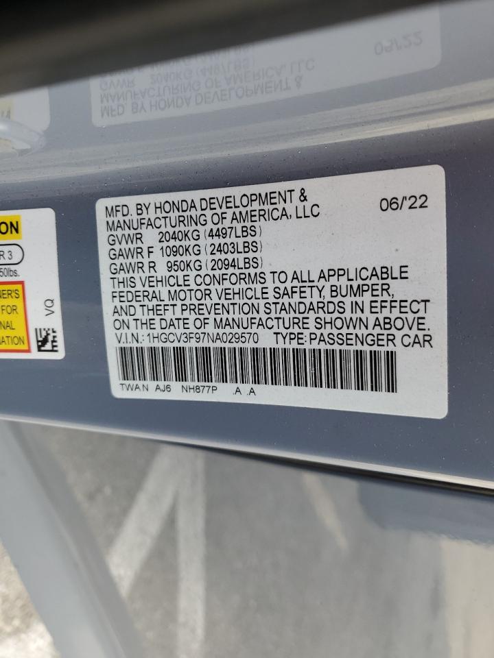 2022 HONDA ACCORD TOURING HYBRID VIN:1HGCV3F97NA029570