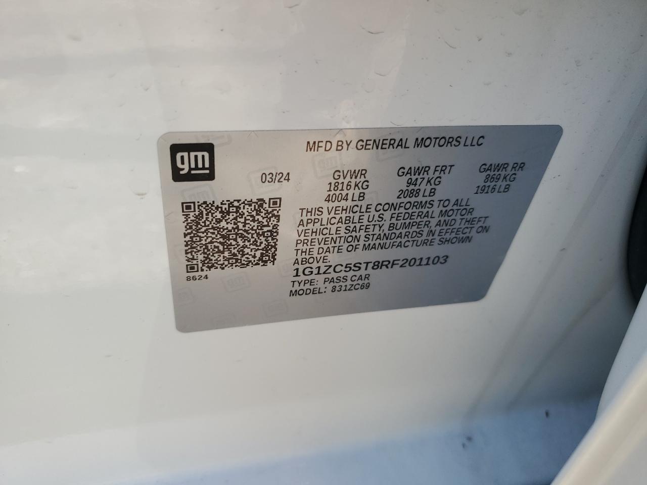 2024 CHEVROLET MALIBU LS VIN:1G1ZC5ST8RF201103