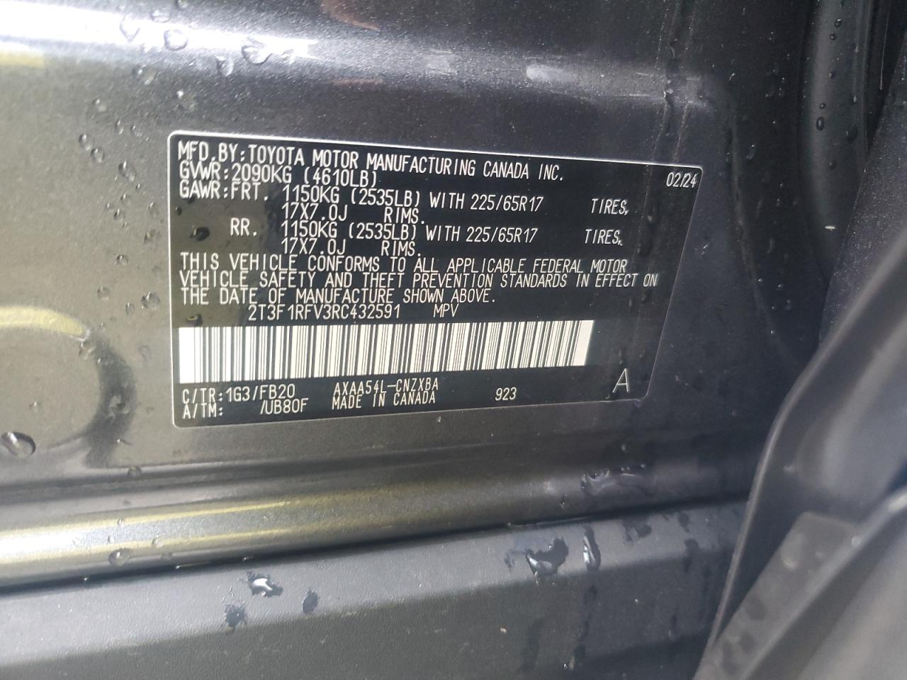 2024 TOYOTA RAV4 LE VIN:2T3F1RFV3RC432591