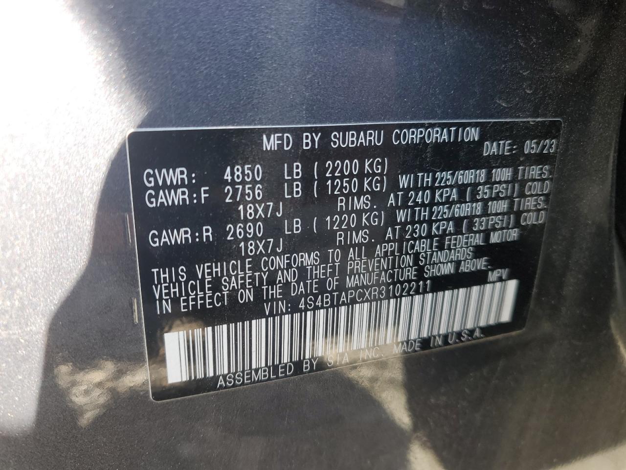 2024 SUBARU OUTBACK TOURING VIN:4S4BTAPCXR3102211