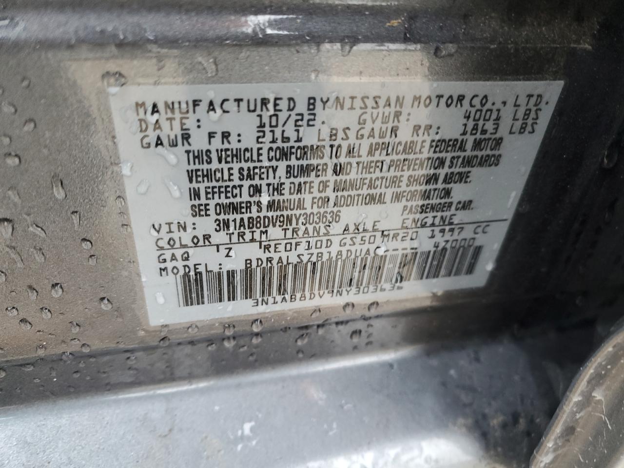2022 NISSAN SENTRA SR VIN:3N1AB8DV9NY303636