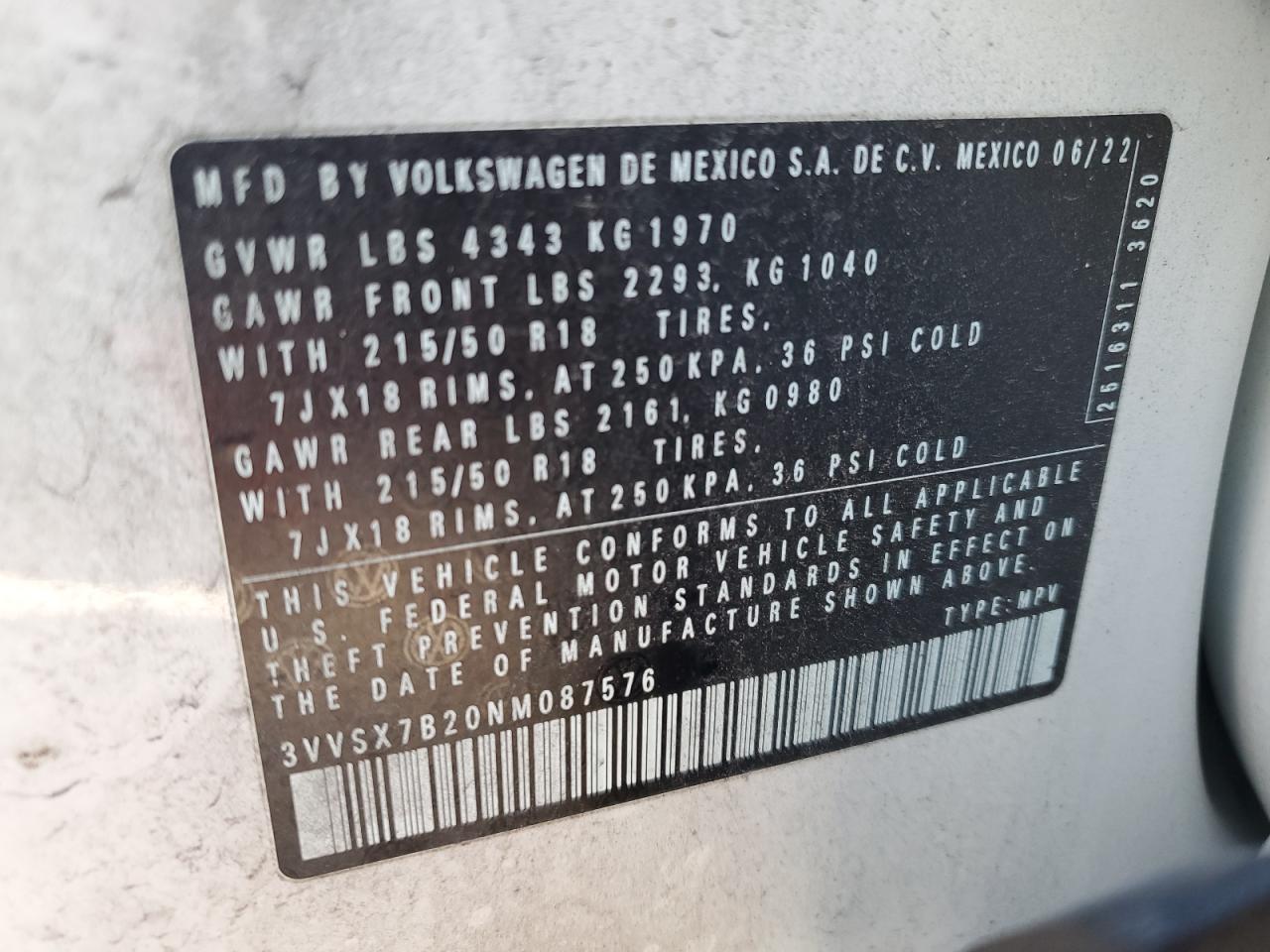 2022 VOLKSWAGEN TAOS SE VIN:3VVSX7B20NM087576