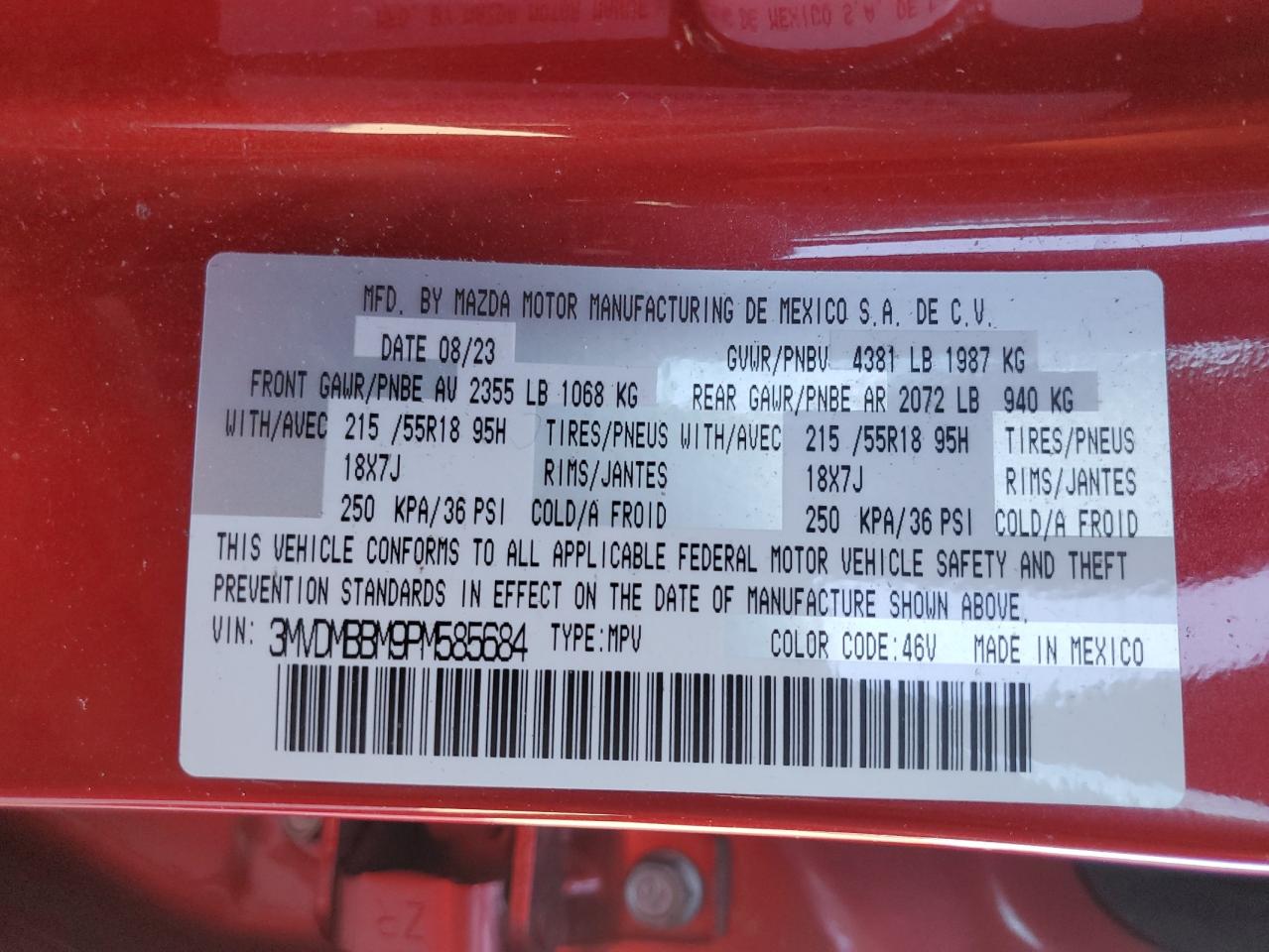 2023 MAZDA CX-30 SELECT VIN:3MVDMBBM9PM585684