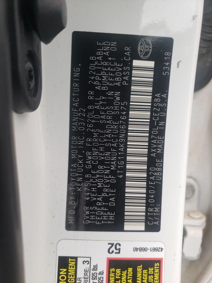 2022 TOYOTA CAMRY SE VIN:4T1G11AK9NU676475