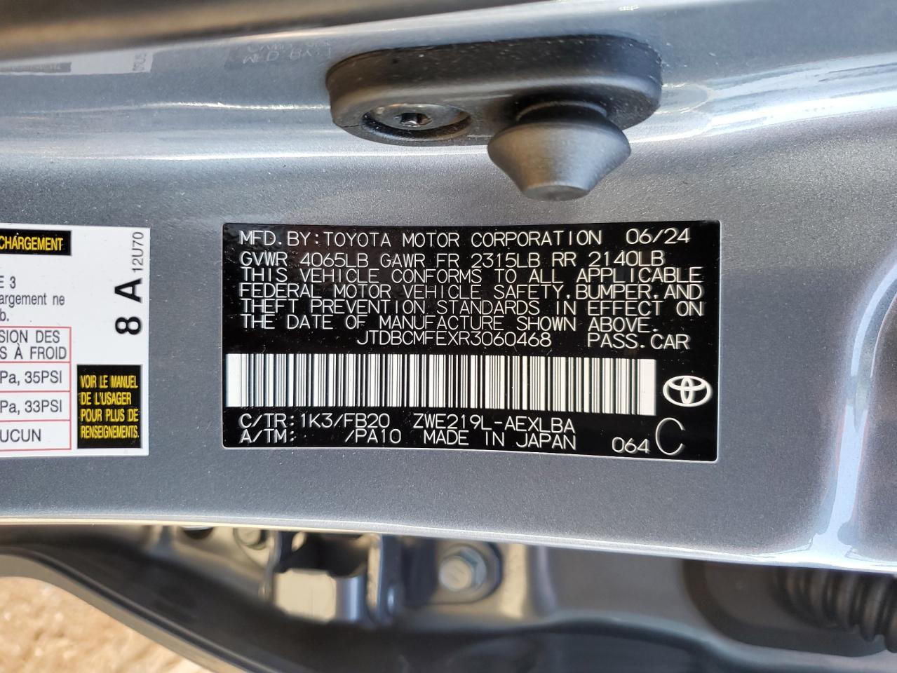 2024 TOYOTA COROLLA LE VIN:JTDBCMFEXR3060468