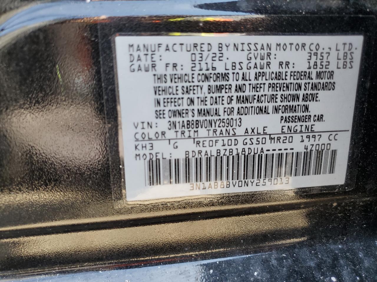 2022 NISSAN SENTRA S VIN:3N1AB8BV0NY259013