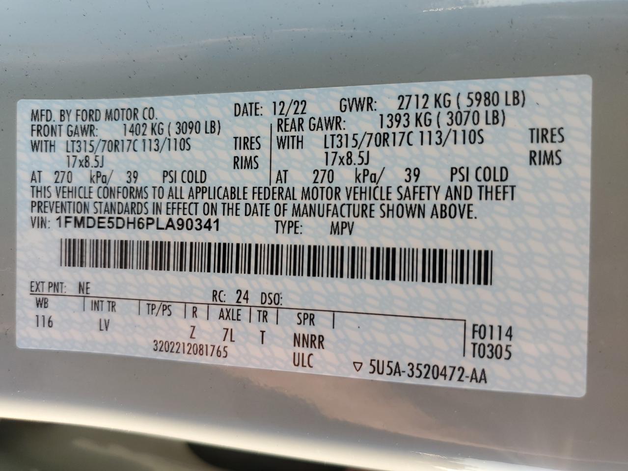 2023 FORD BRONCO BASE VIN:1FMDE5DH6PLA90341