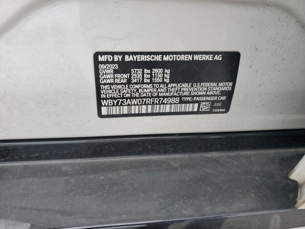 2024 BMW I4 EDRIVE 40 VIN:WBY73AW07RFR74988