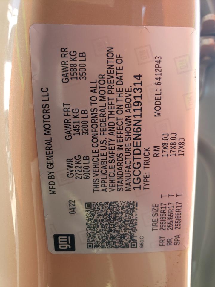 2022 CHEVROLET COLORADO Z71 VIN:1GCGTDEN6N1191314