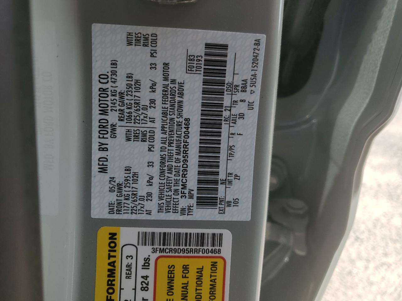 2024 FORD BRONCO SPORT BADLANDS VIN:3FMCR9D95RRF00468