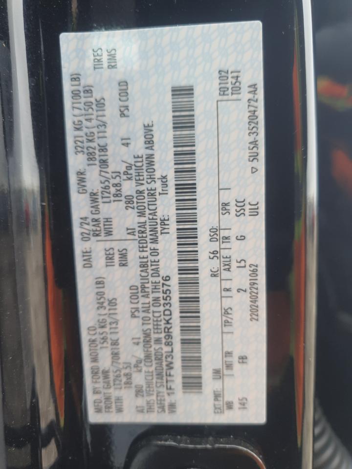 2024 FORD F150 XLT VIN:1FTFW3L89RKD35576