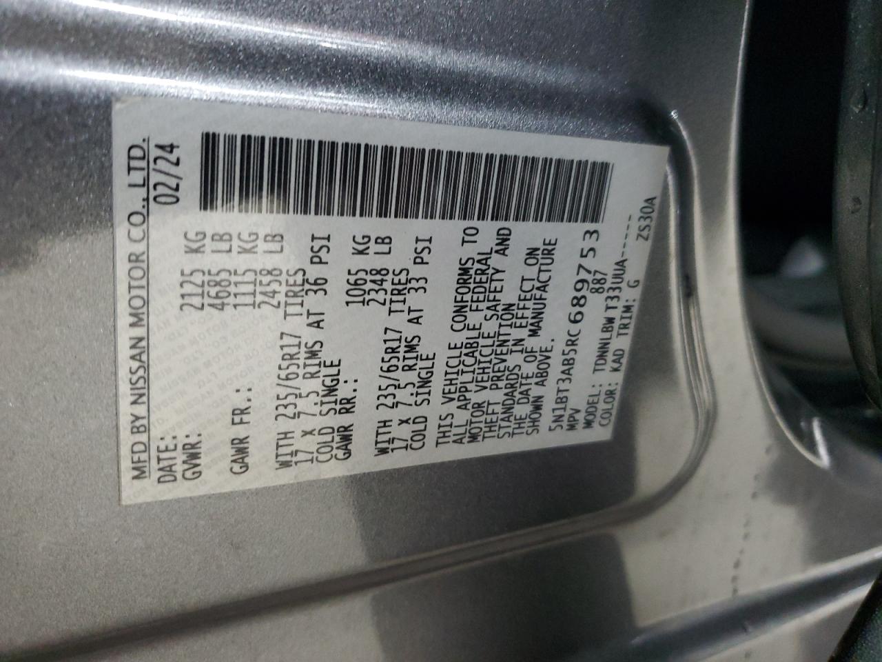 2024 NISSAN ROGUE S VIN:5N1BT3AB5RC689753