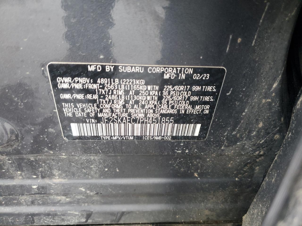 2023 SUBARU FORESTER PREMIUM VIN:JF2SKAEC7PH451855