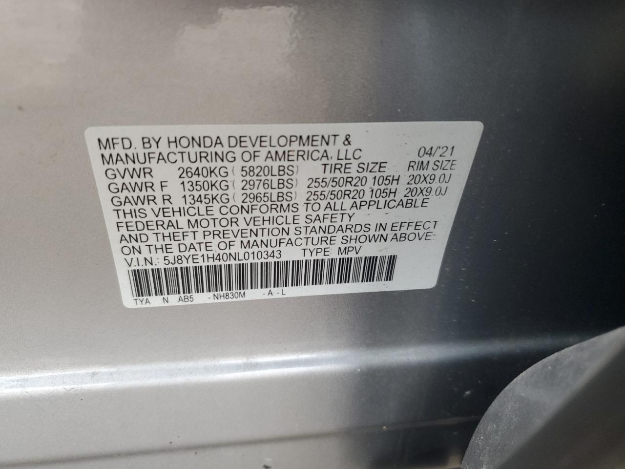 2022 ACURA MDX TECHNOLOGY VIN:5J8YE1H40NL010343