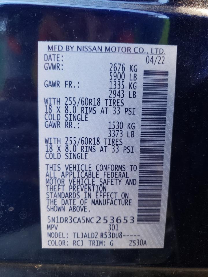 2022 NISSAN PATHFINDER SL VIN:5N1DR3CA5NC253653