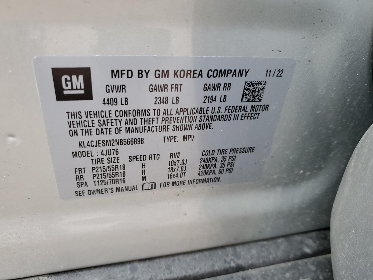 2022 BUICK ENCORE PREFERRED VIN:KL4CJESM2NB566898