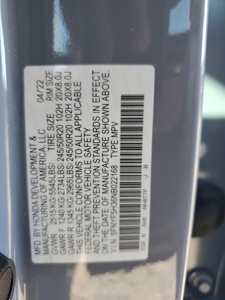 2022 HONDA PILOT SPORT VIN:5FNYF5H36NB022168