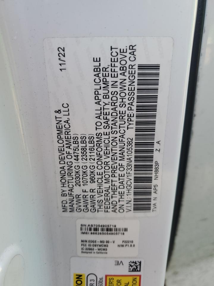 2022 HONDA ACCORD SPORT VIN:1HGCV1F33NA105382