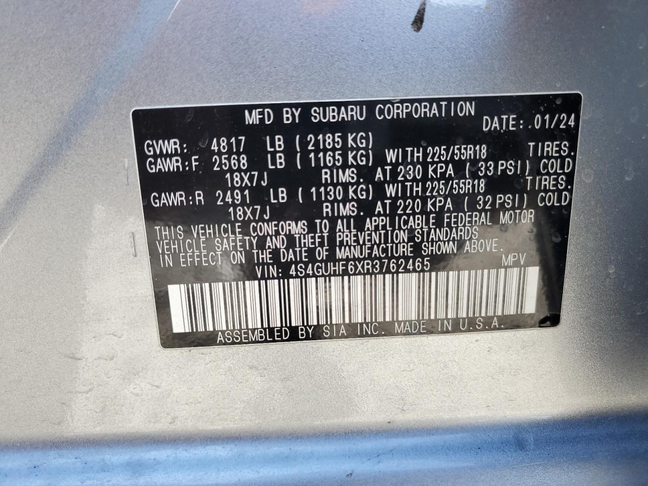 2024 SUBARU CROSSTREK SPORT VIN:4S4GUHF6XR3762465