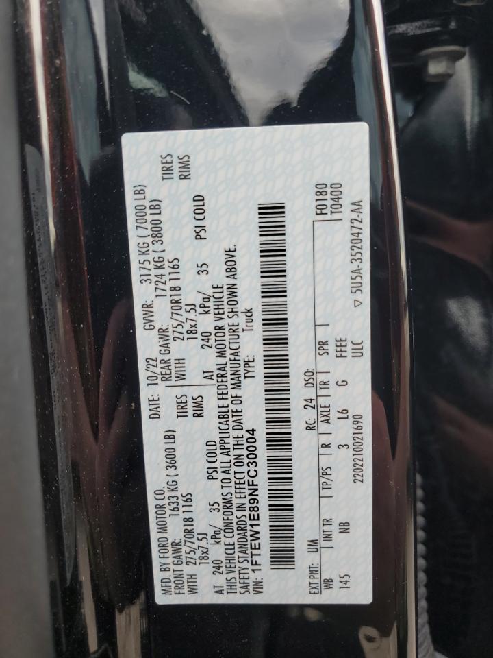 2022 FORD F150 SUPERCREW VIN:1FTEW1E89NFC30004
