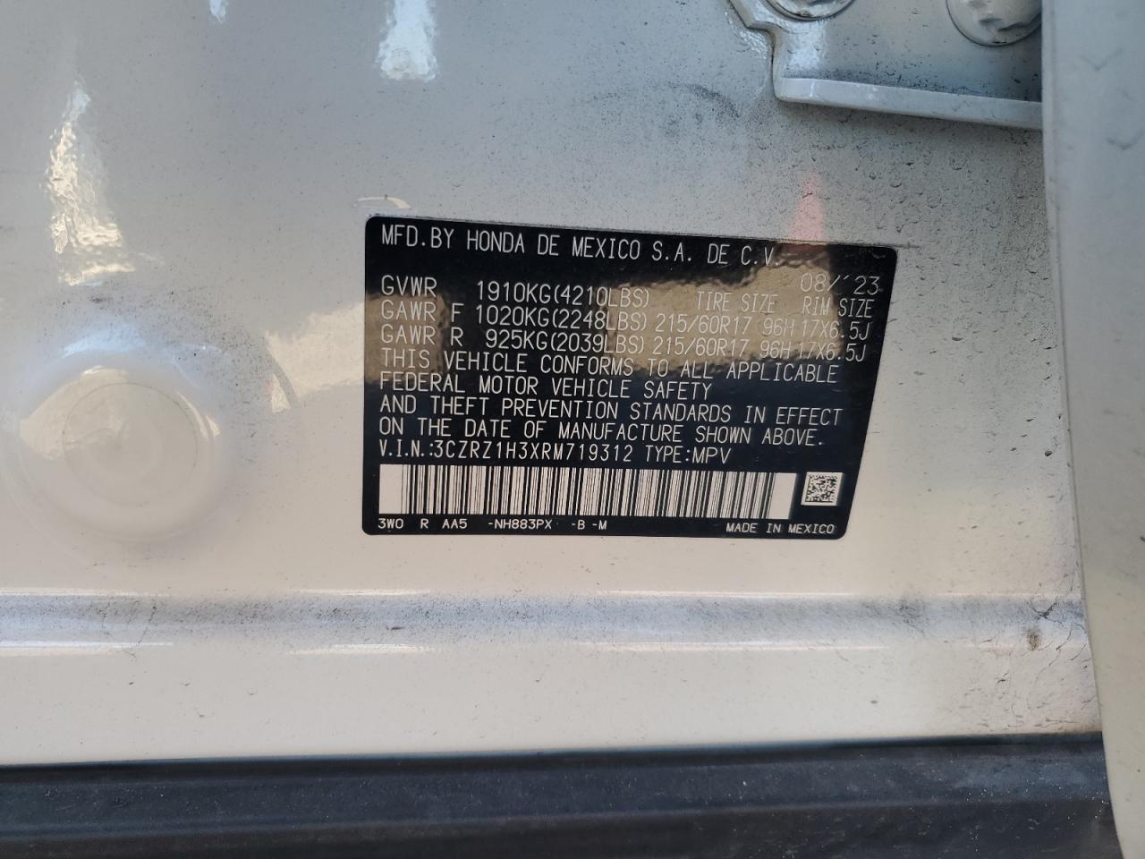 2024 HONDA HR-V LX VIN:3CZRZ1H3XRM719312