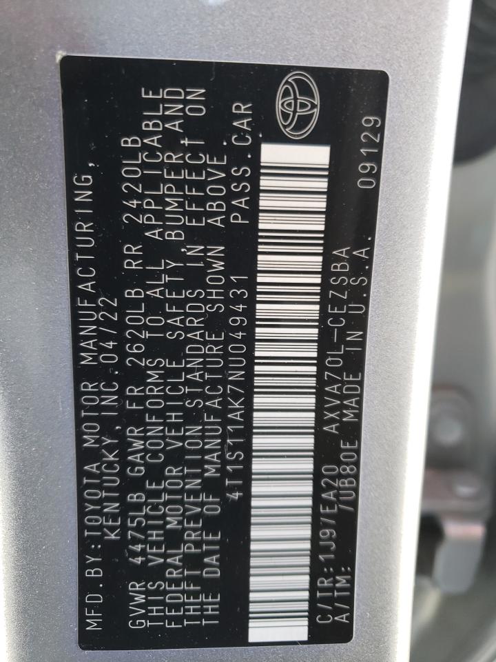 2022 TOYOTA CAMRY NIGHT SHADE VIN:4T1S11AK7NU049431